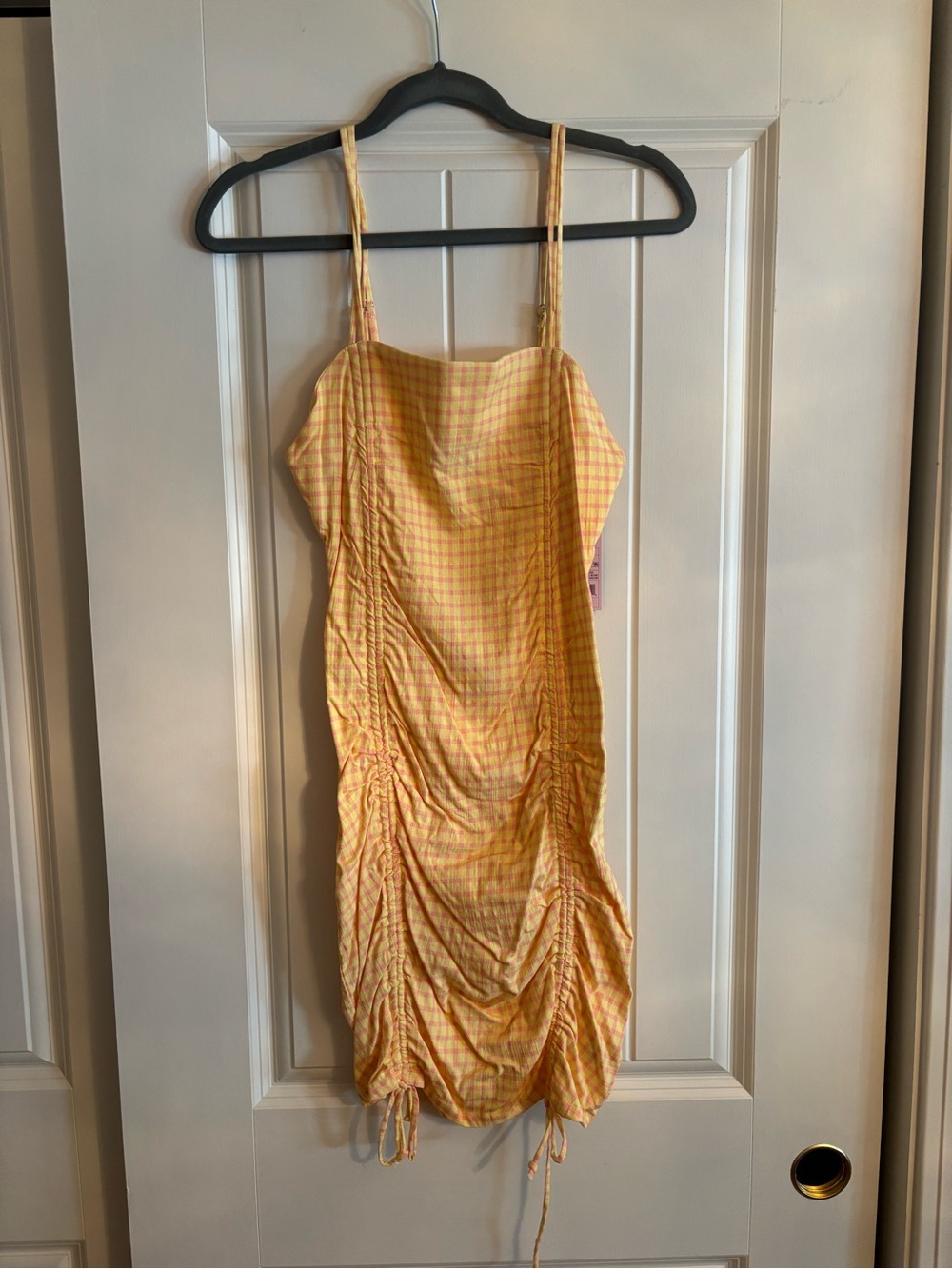NWT Yellow and Pink Gingham Ruched Spaghetti-Strap Dress